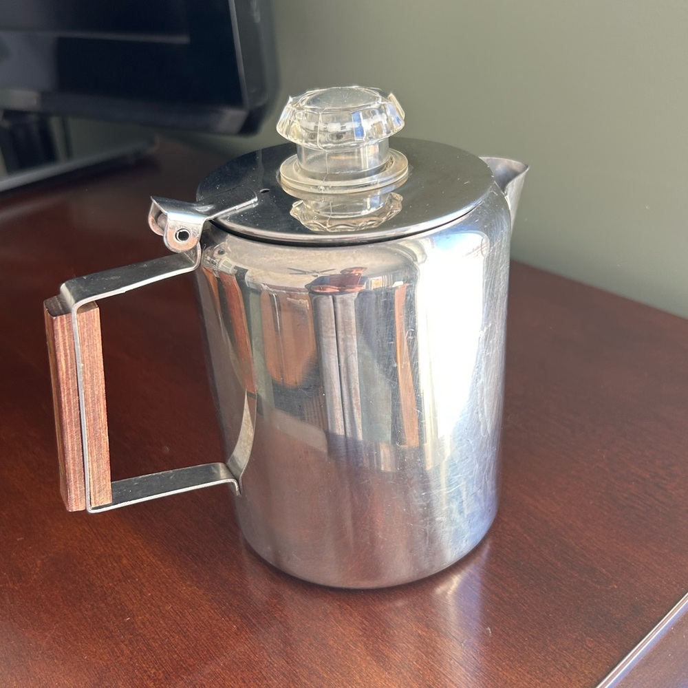 Small Vintage Stainless Steel Coffee Pot with Wooden Handle - 3 cup